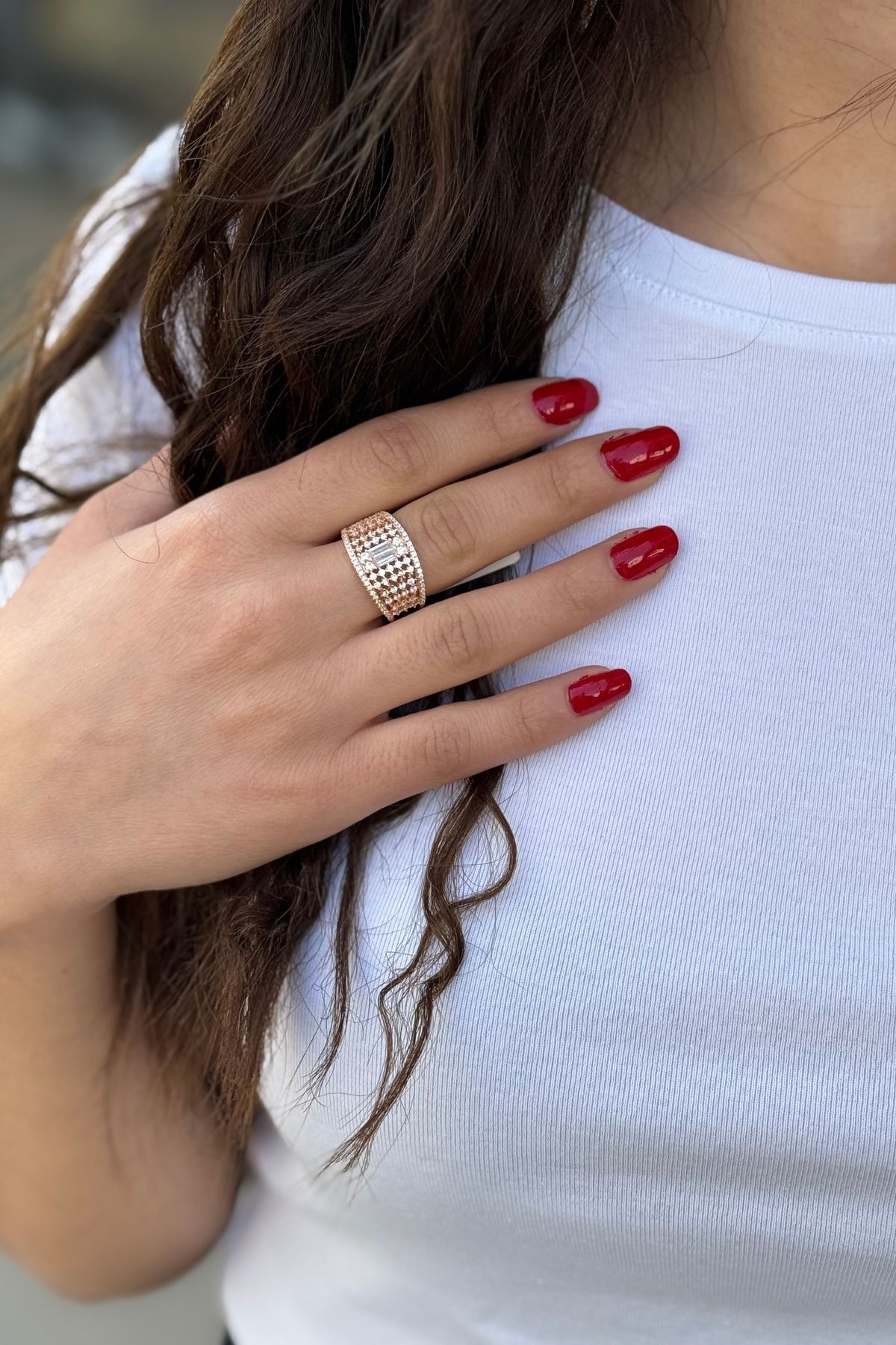 925 AYAR BAGET TAŞLI PIRLANTA GÖRÜNÜMLÜ ROSE RENGİ YÜZÜK 17