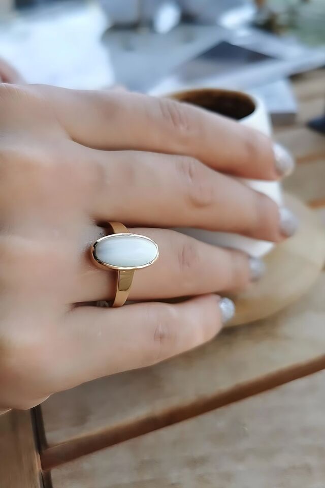 14 AYAR ÖZEL TASARIM BEYAZ KEDİGÖZÜ TAŞLI VİNTAGE YÜZÜK 18