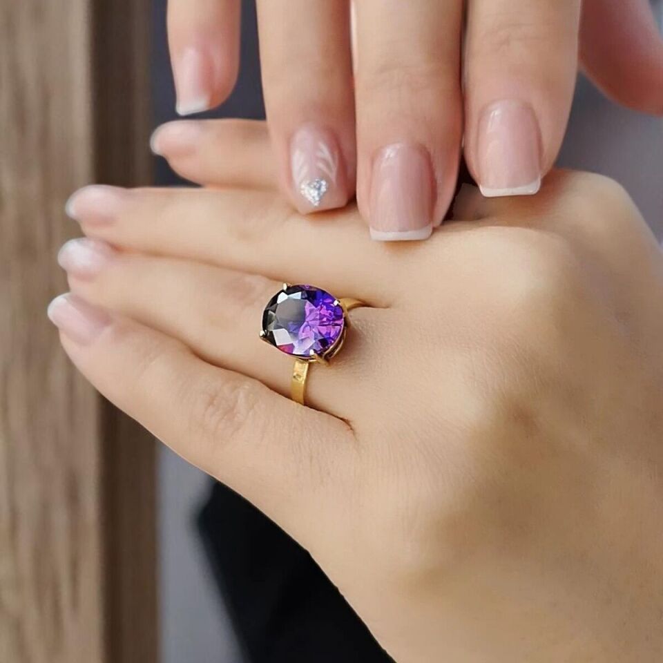 14 AYAR KRİSTAL AMETİST TAŞLI ALTIN YÜZÜK 16