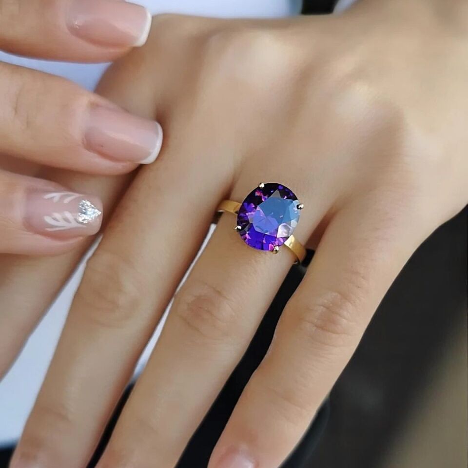 14 AYAR KRİSTAL AMETİST TAŞLI ALTIN YÜZÜK