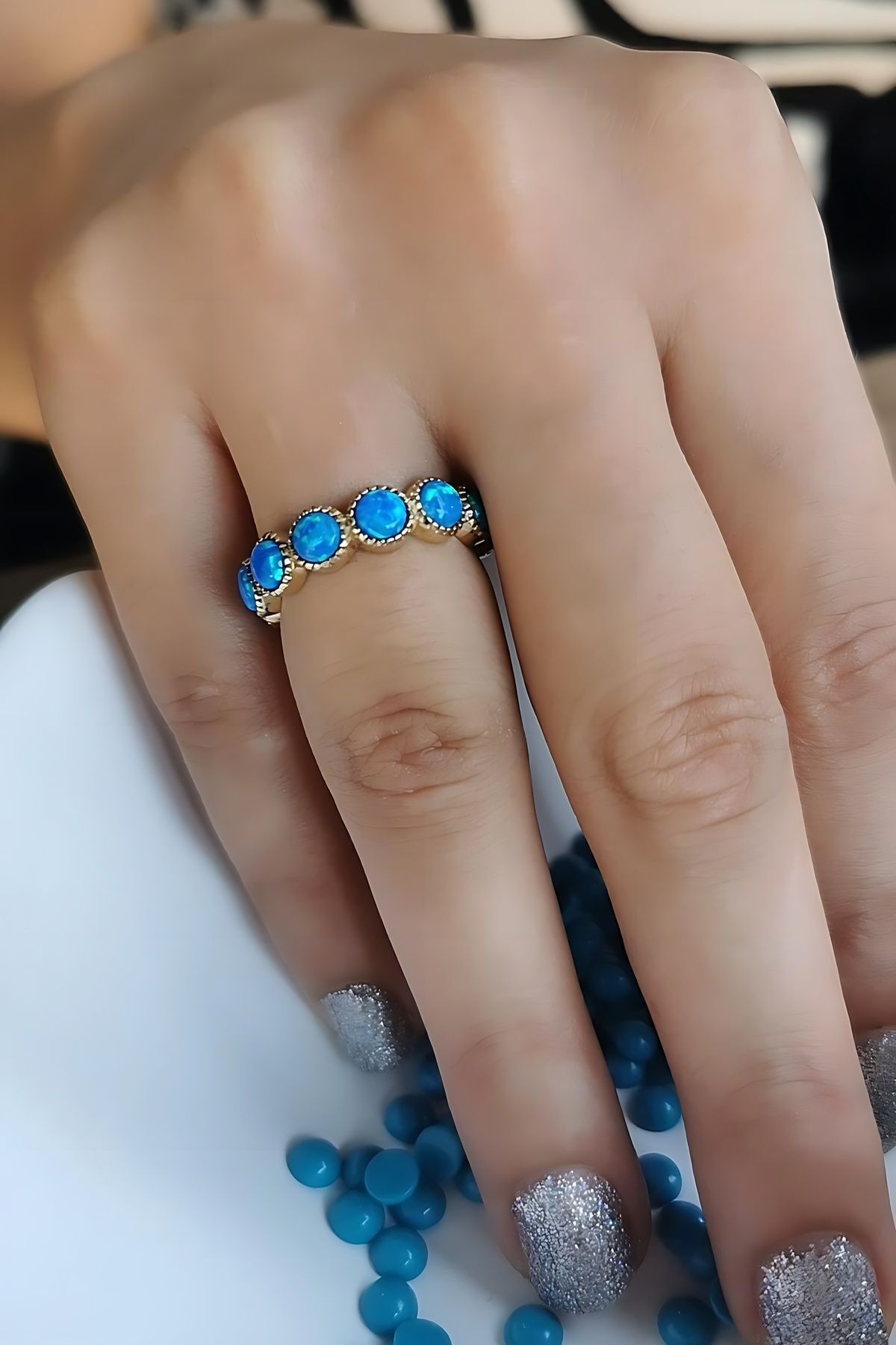 14 AYAR ÖZEL TASARIM MAVİ OPAL TAŞLI TAMTUR YÜZÜK