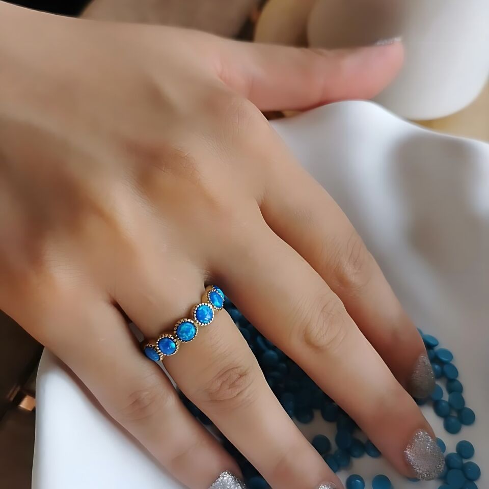 14 AYAR ÖZEL TASARIM MAVİ OPAL TAŞLI TAMTUR YÜZÜK