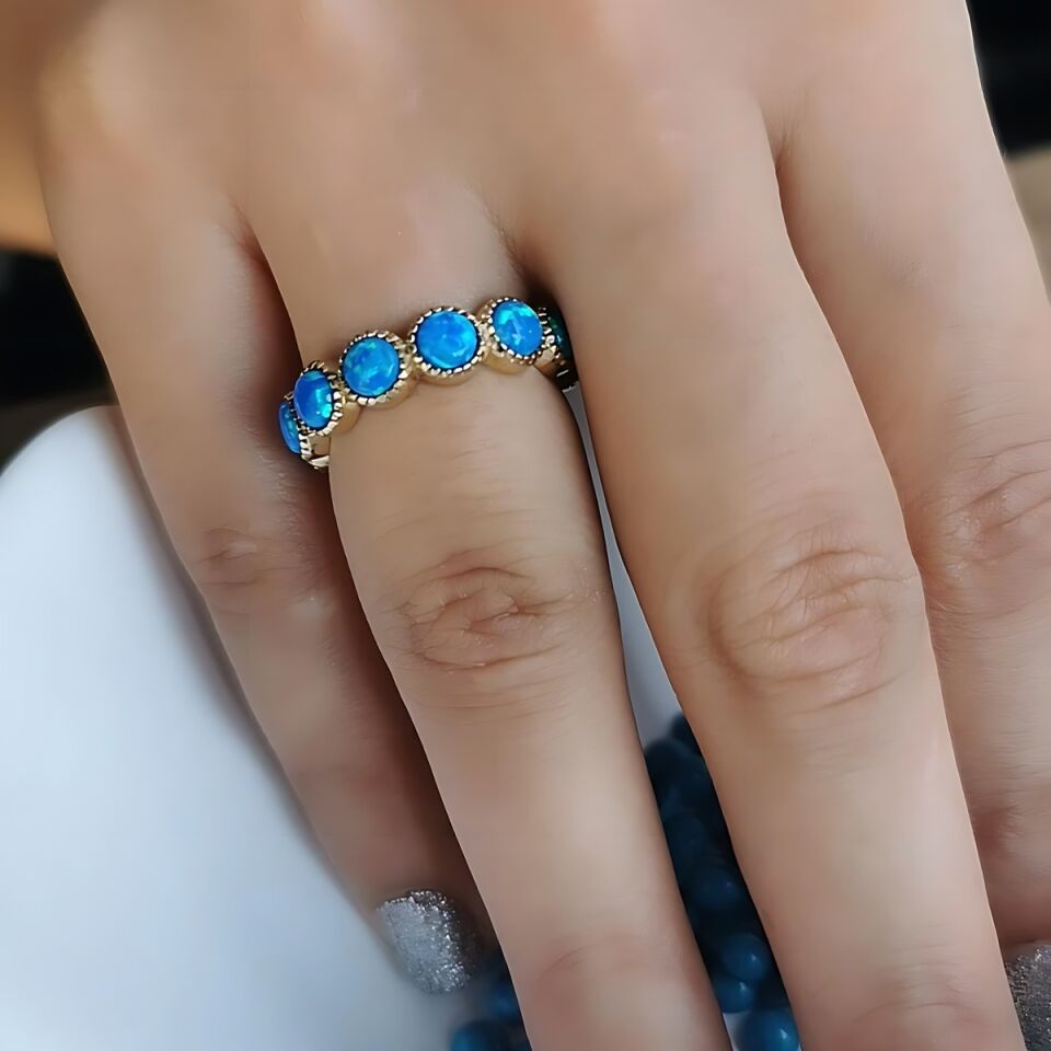 14 AYAR ÖZEL TASARIM MAVİ OPAL TAŞLI TAMTUR YÜZÜK