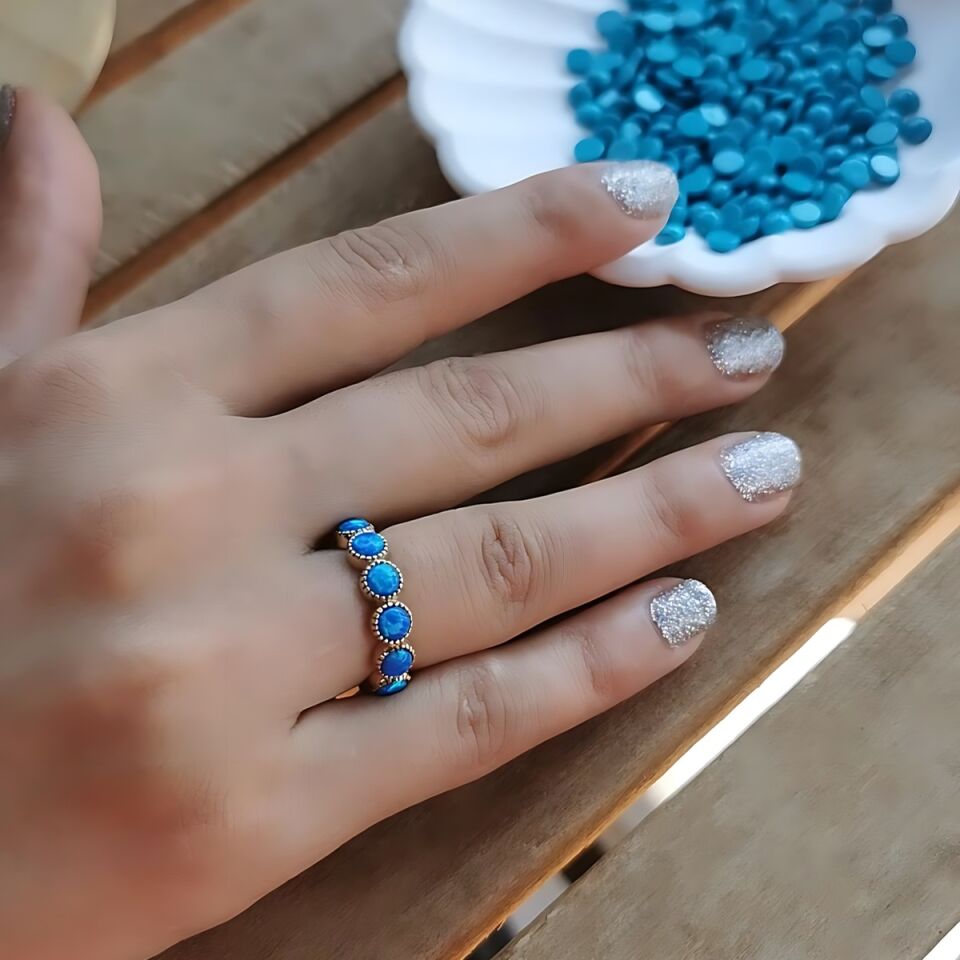 14 AYAR ÖZEL TASARIM MAVİ OPAL TAŞLI TAMTUR YÜZÜK