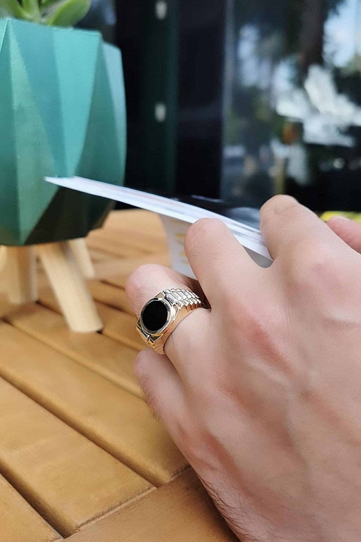 14 Ayar Özel Tasarım Siyah Oniks Taşlı Erkek Altın Yüzük 22