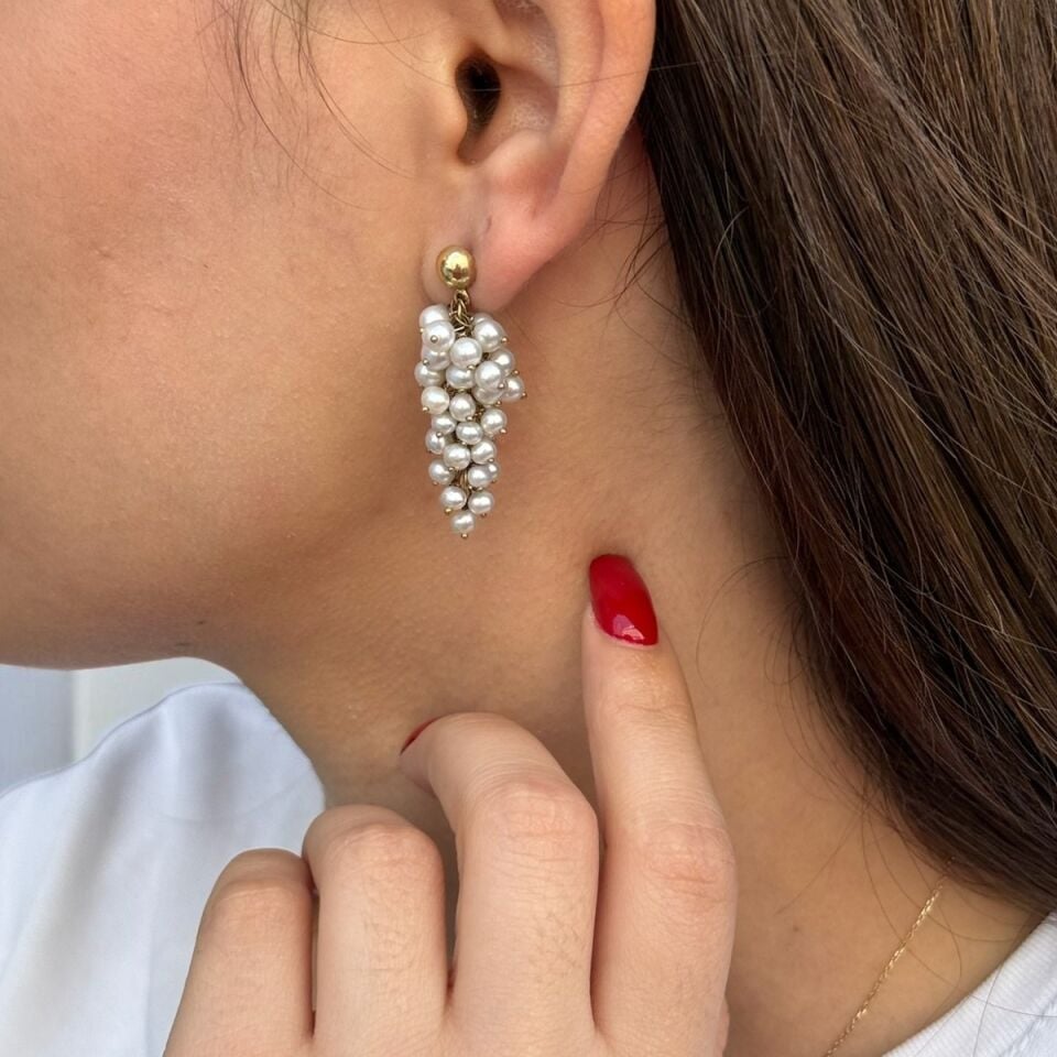 14 Ayar Özel Tasarım Üzüm Modeli İnci Küpe