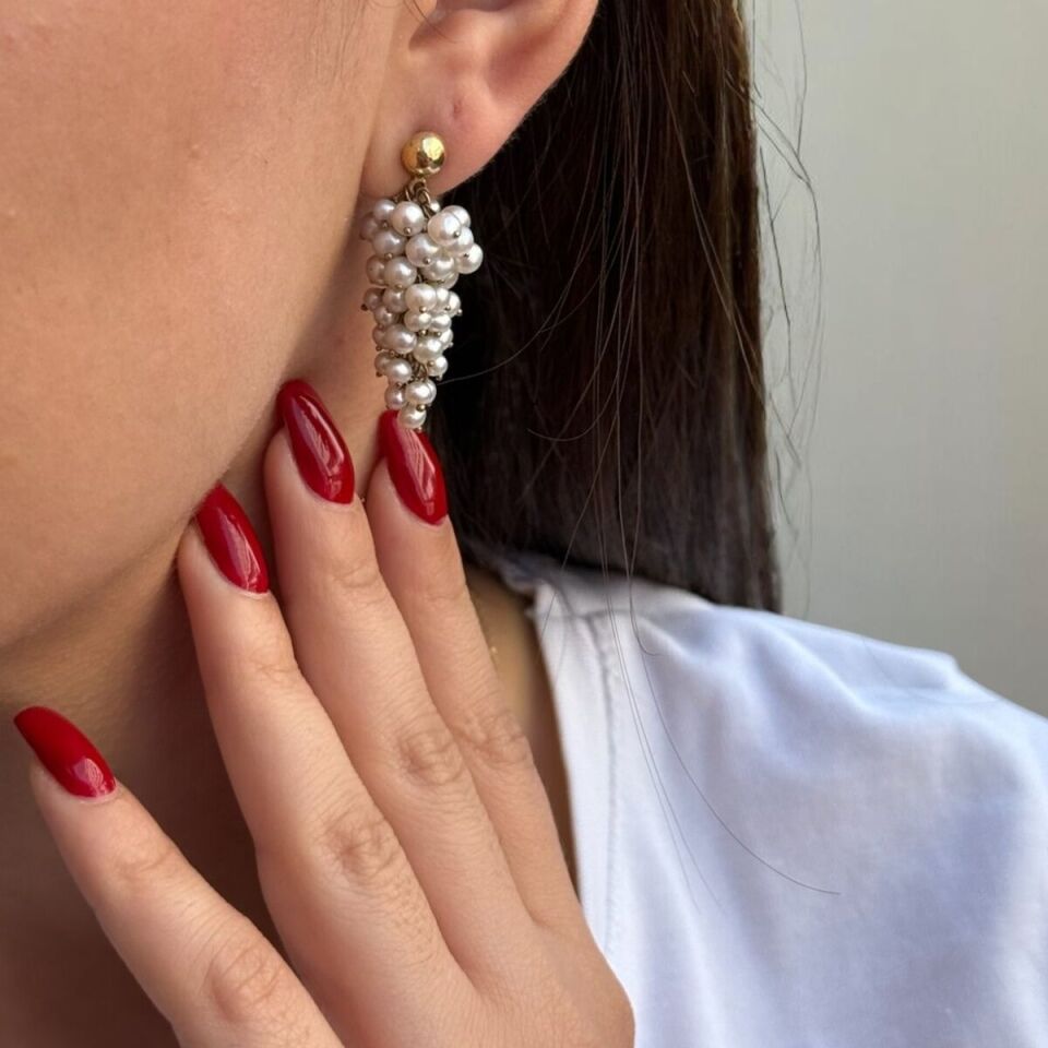 14 Ayar Özel Tasarım Üzüm Modeli İnci Küpe