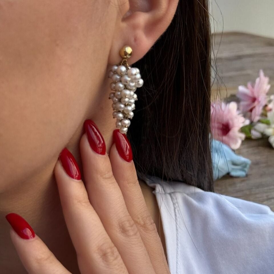 14 Ayar Özel Tasarım Üzüm Modeli İnci Küpe