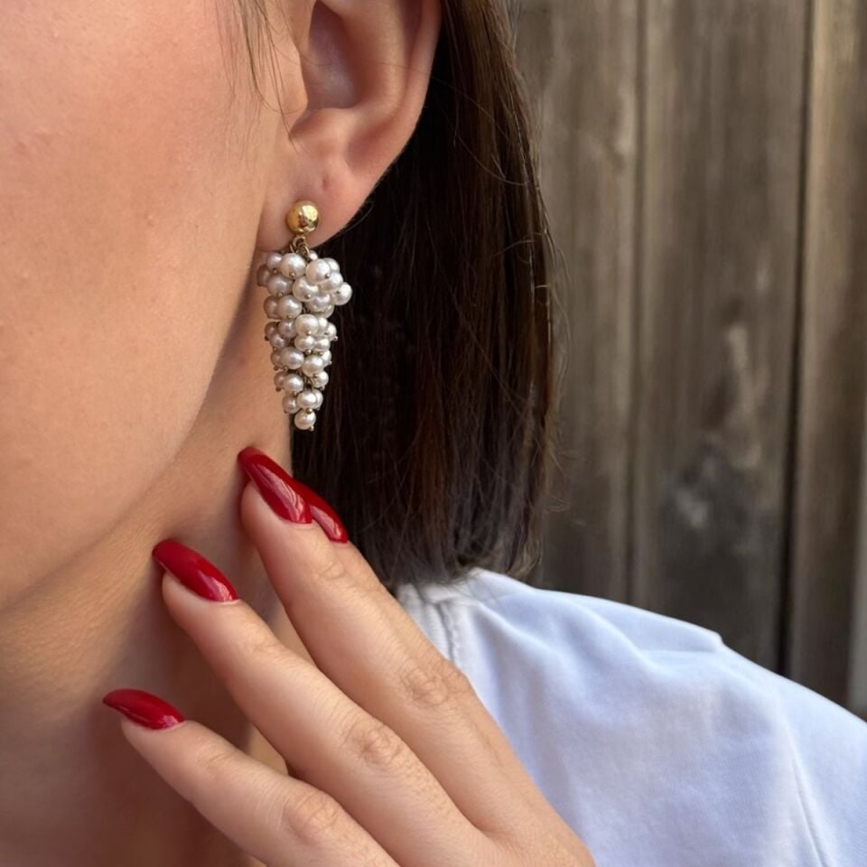 14 Ayar Özel Tasarım Üzüm Modeli İnci Küpe