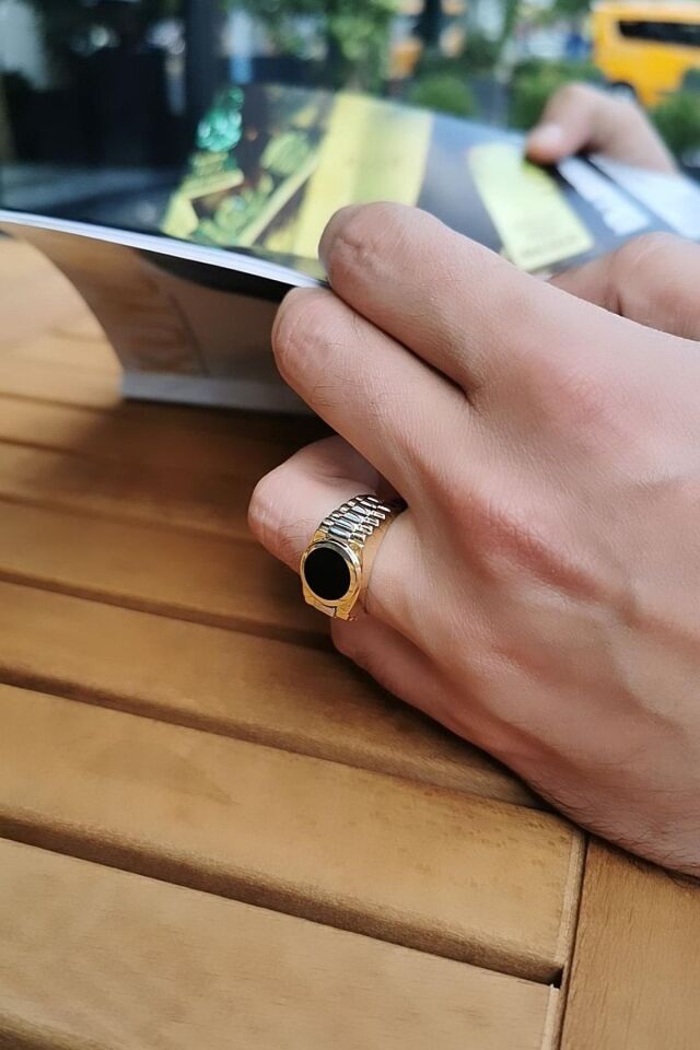 14 Ayar Özel Tasarım Siyah Oniks Taşlı Erkek Altın Yüzük 25