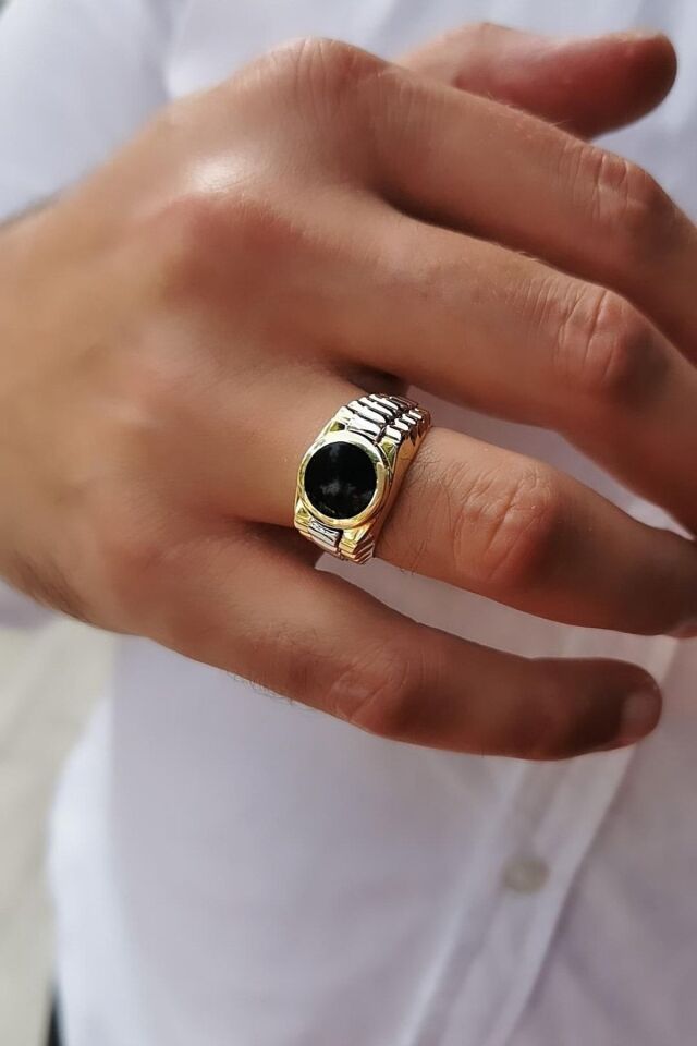 14 Ayar Özel Tasarım Siyah Oniks Taşlı Erkek Altın Yüzük 25