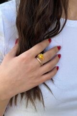 925 AYAR SARI TOPAZ TAŞLI ROSE RENGİ GÜMÜŞ YÜZÜK