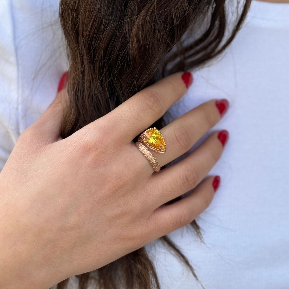 925 AYAR SARI TOPAZ TAŞLI ROSE RENGİ GÜMÜŞ YÜZÜK