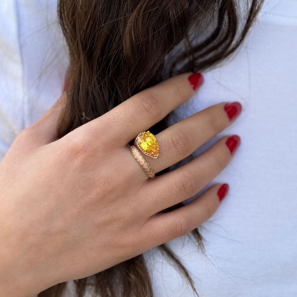 925 AYAR SARI TOPAZ TAŞLI ROSE RENGİ GÜMÜŞ YÜZÜK