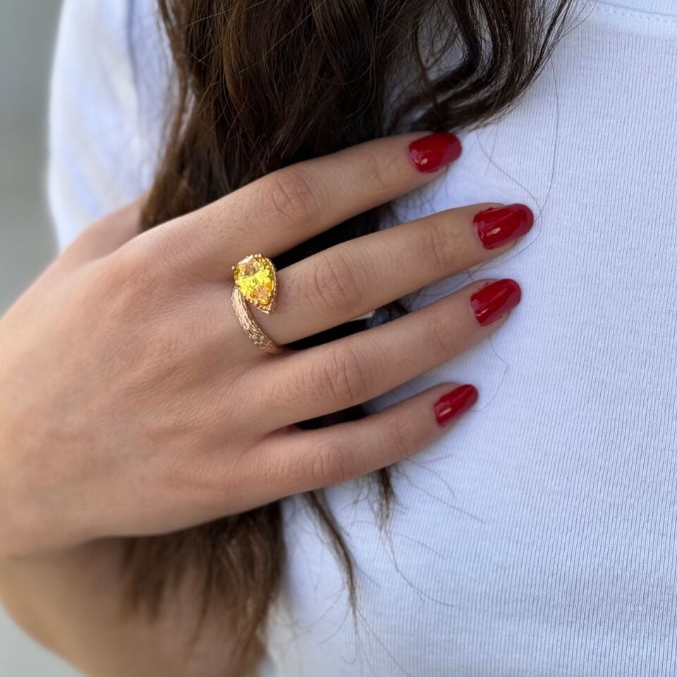 925 AYAR SARI TOPAZ TAŞLI ROSE RENGİ GÜMÜŞ YÜZÜK
