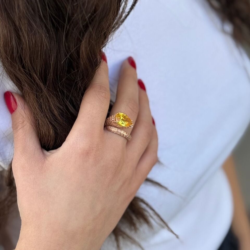 925 AYAR SARI TOPAZ TAŞLI ROSE RENGİ GÜMÜŞ YÜZÜK