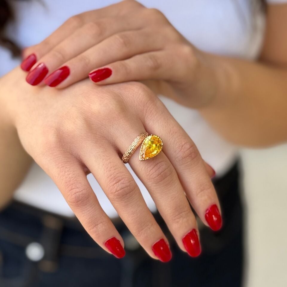 925 AYAR SARI TOPAZ TAŞLI ROSE RENGİ GÜMÜŞ YÜZÜK