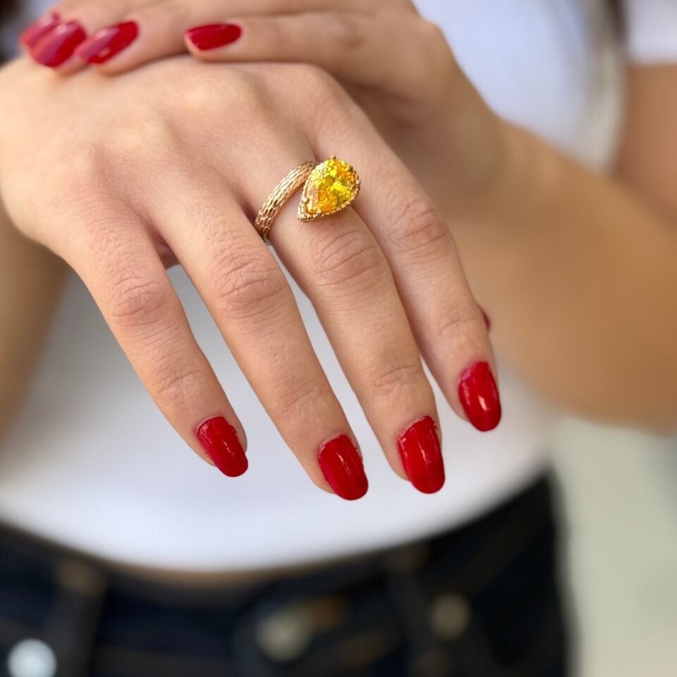 925 AYAR SARI TOPAZ TAŞLI ROSE RENGİ GÜMÜŞ YÜZÜK