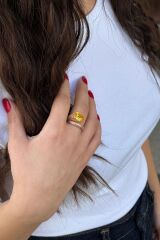 925 AYAR SARI TOPAZ TAŞLI ROSE RENGİ GÜMÜŞ YÜZÜK 18