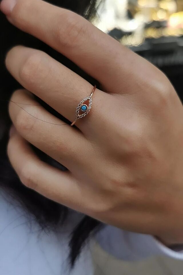 14 AYAR ROSE RENGİ GÖZ FİRUZE TAŞLI MİNİMAL ALTIN YÜZÜK 13