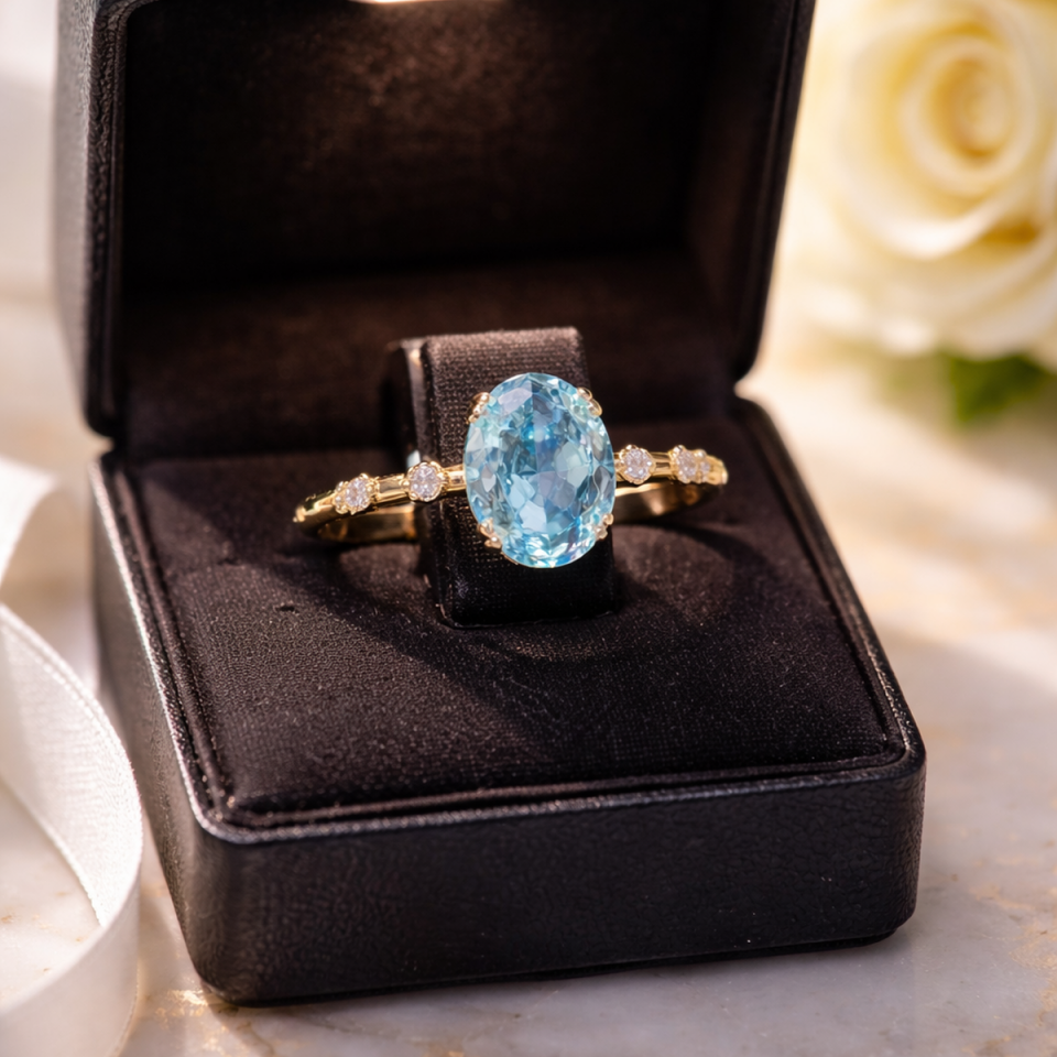 14 AYAR KRİSTAL AQUAMARİN TAŞLI VİNTAGE MİNİMAL ALTIN YÜZÜK