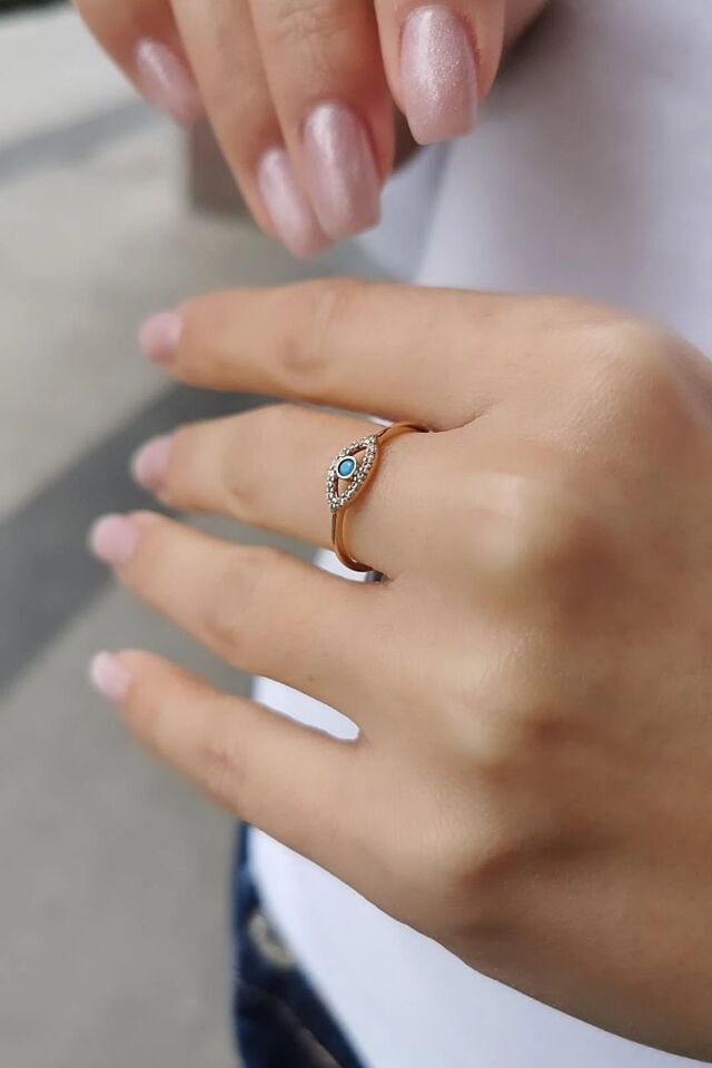 14 AYAR ROSE RENGİ GÖZ FİRUZE TAŞLI MİNİMAL ALTIN YÜZÜK 14