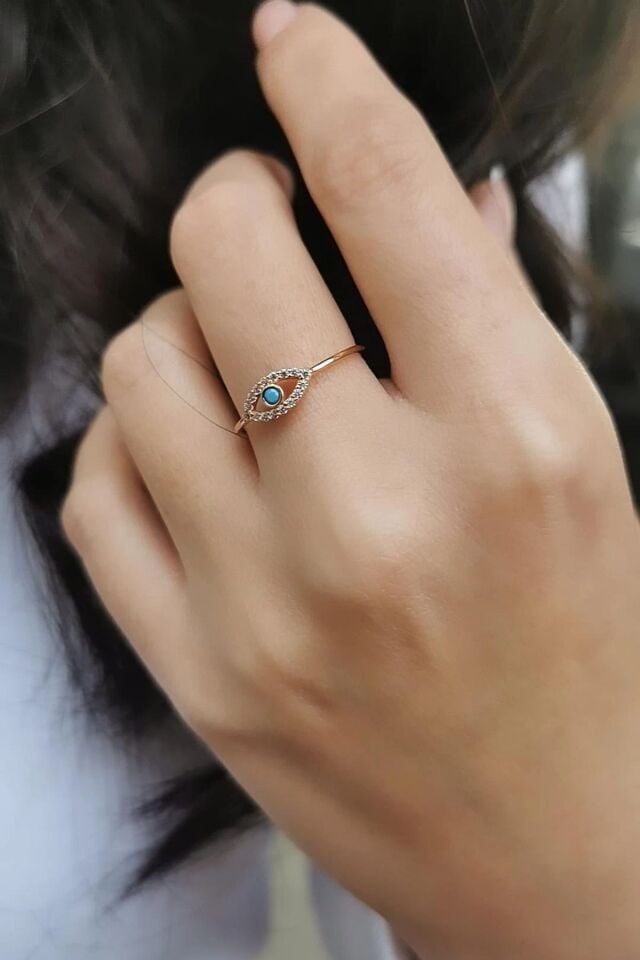 14 AYAR ROSE RENGİ GÖZ FİRUZE TAŞLI MİNİMAL ALTIN YÜZÜK