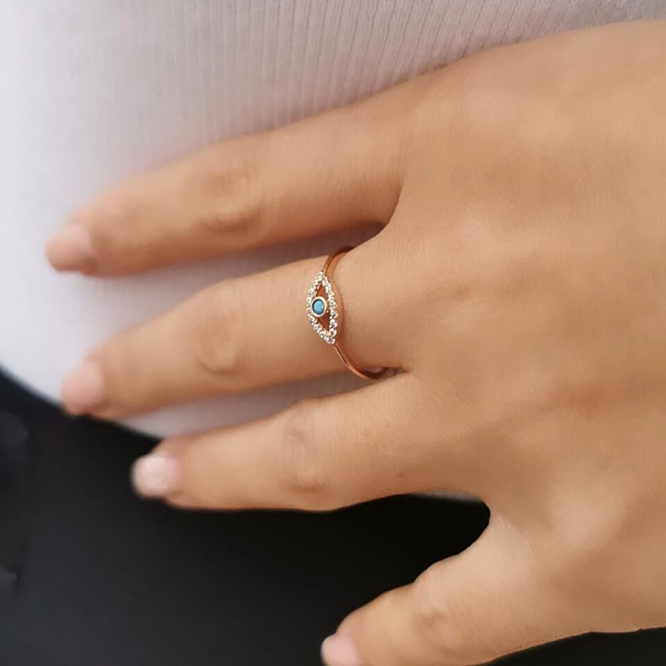 14 AYAR ROSE RENGİ GÖZ FİRUZE TAŞLI MİNİMAL ALTIN YÜZÜK