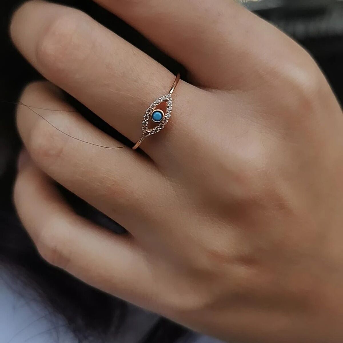 14 AYAR ROSE RENGİ GÖZ FİRUZE TAŞLI MİNİMAL ALTIN YÜZÜK