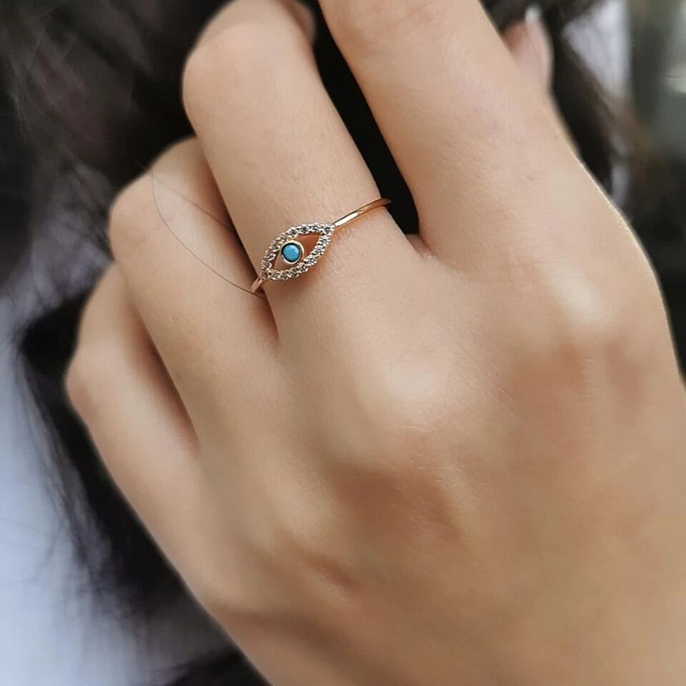 14 AYAR ROSE RENGİ GÖZ FİRUZE TAŞLI MİNİMAL ALTIN YÜZÜK