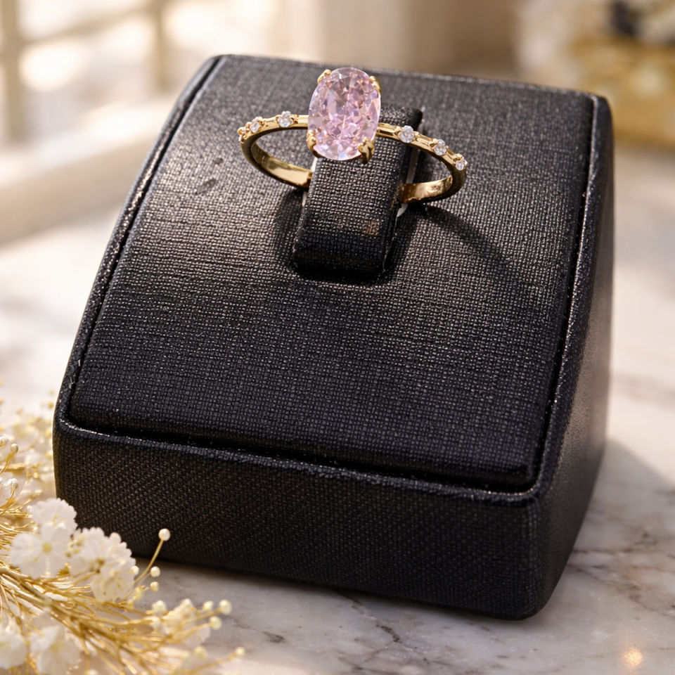 14 AYAR KRİSTAL PİNK QUARTZ TAŞLI VİNTAGE MİNİMAL ALTIN YÜZÜK