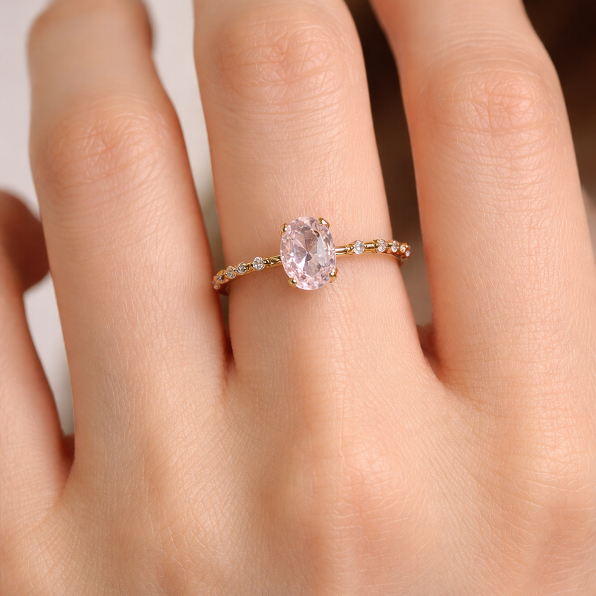 14 AYAR KRİSTAL PİNK QUARTZ TAŞLI VİNTAGE MİNİMAL ALTIN YÜZÜK