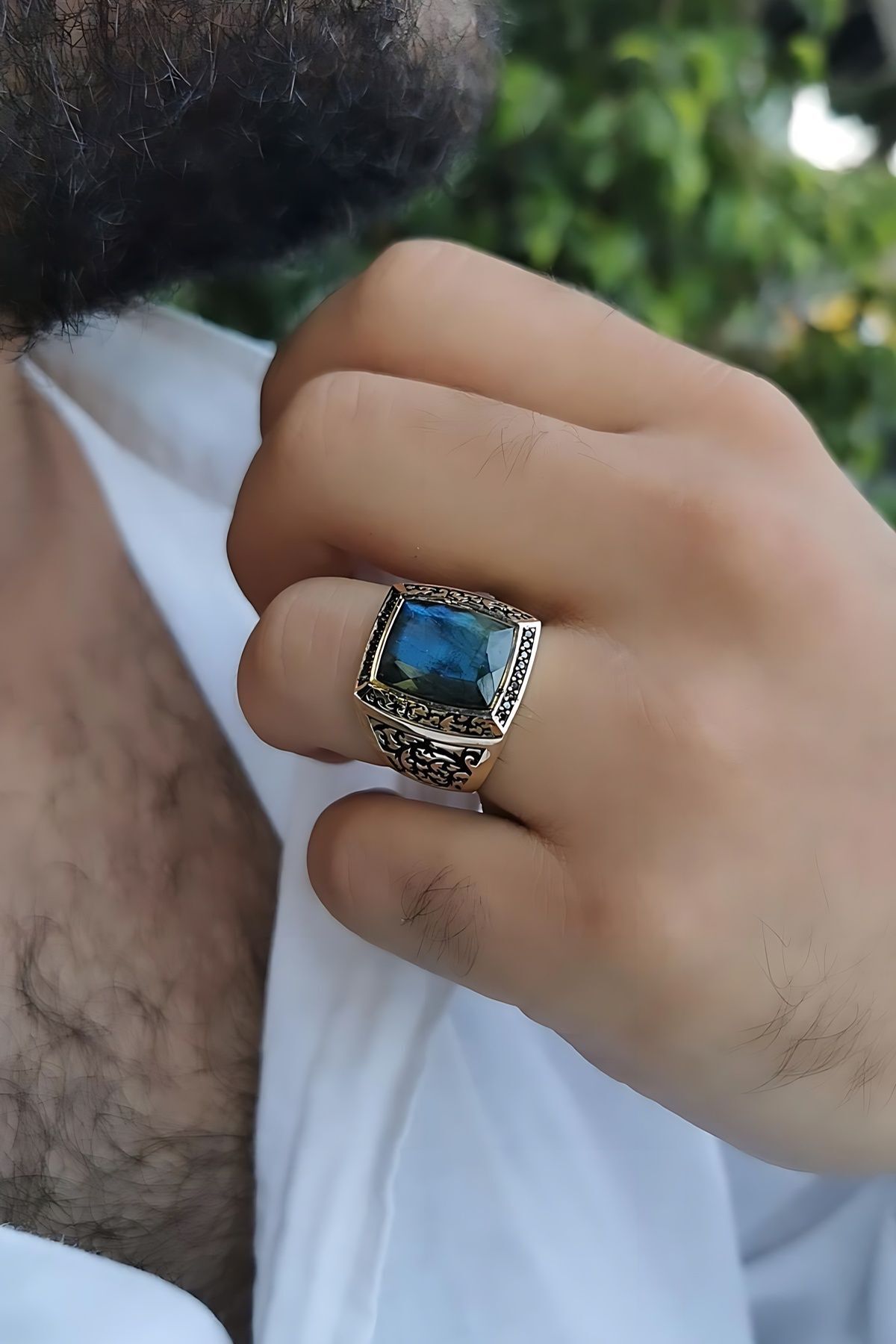 14 AYAR İTALYAN MODEL ORTA LABRADORİT TAŞLI KENARLARI SİYAH TAŞLI DİKDÖRTGEN MODEL ALTIN ERKEK YÜZÜK 24