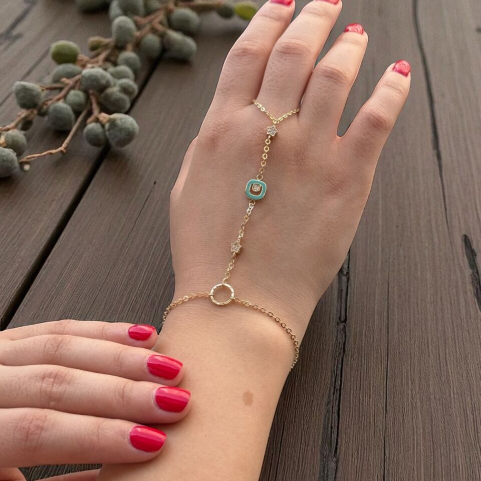 14 AYAR TURKUAZ MİNELİ YILDIZ FİGÜRLÜ ALTIN ŞAHMERAN