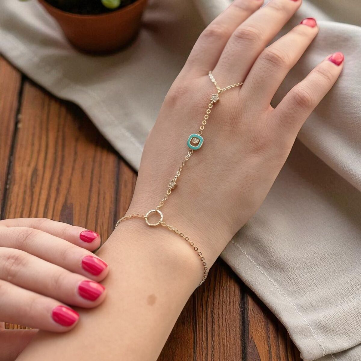 14 AYAR TURKUAZ MİNELİ YILDIZ FİGÜRLÜ ALTIN ŞAHMERAN