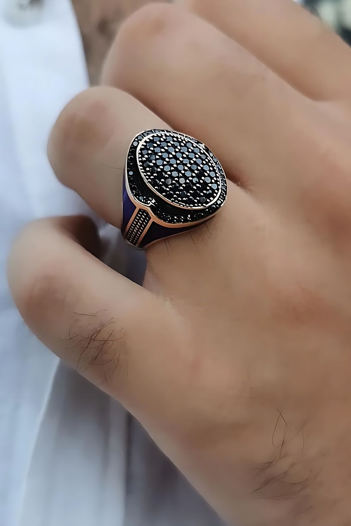 14 AYAR İTALYAN MODEL KENARLARI LACİVERT MİNELİ OVAL MODEL SİYAH TAŞLI ROSE ALTIN ERKEK YÜZÜK