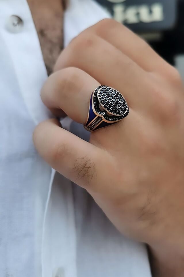14 AYAR İTALYAN MODEL KENARLARI LACİVERT MİNELİ OVAL MODEL SİYAH TAŞLI ROSE ALTIN ERKEK YÜZÜK
