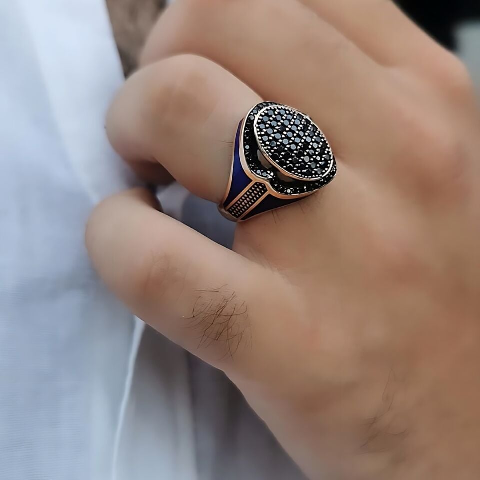 14 AYAR İTALYAN MODEL KENARLARI LACİVERT MİNELİ OVAL MODEL SİYAH TAŞLI ROSE ALTIN ERKEK YÜZÜK