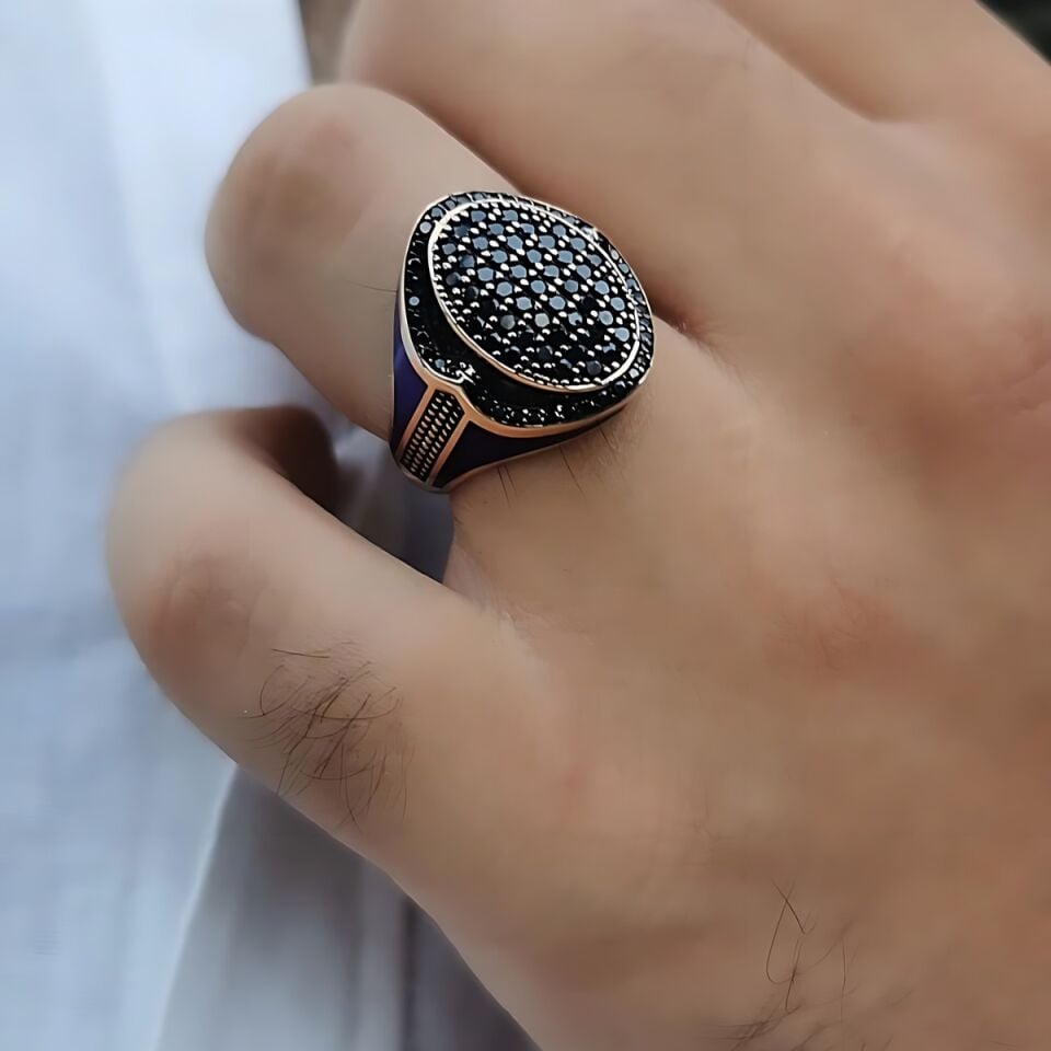 14 AYAR İTALYAN MODEL KENARLARI LACİVERT MİNELİ OVAL MODEL SİYAH TAŞLI ROSE ALTIN ERKEK YÜZÜK