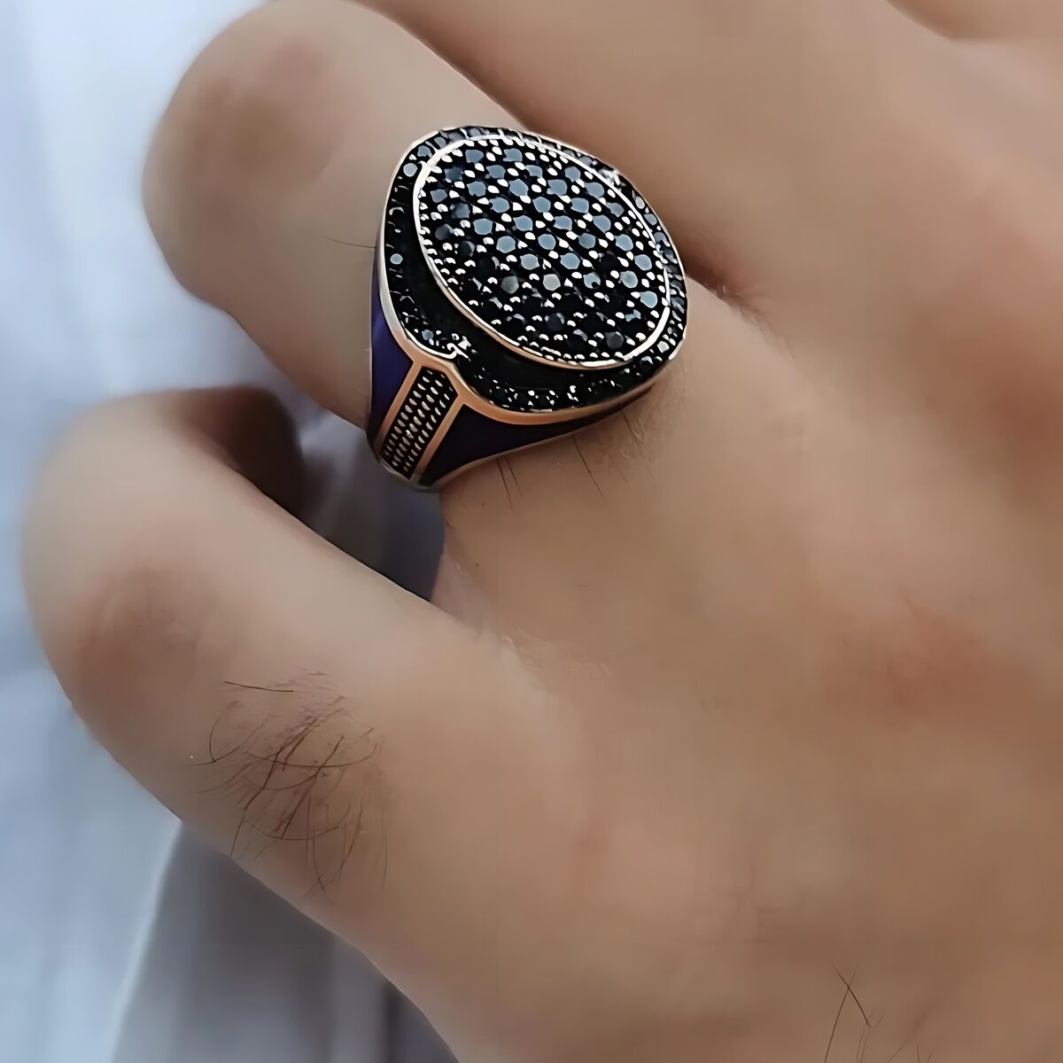 14 AYAR İTALYAN MODEL KENARLARI LACİVERT MİNELİ OVAL MODEL SİYAH TAŞLI ROSE ALTIN ERKEK YÜZÜK