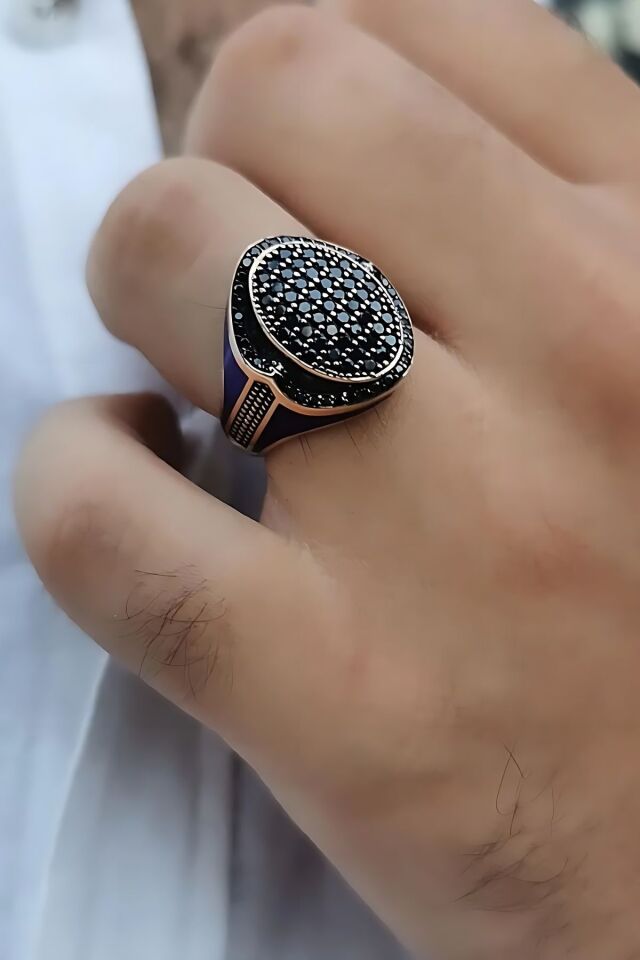 14 AYAR İTALYAN MODEL KENARLARI LACİVERT MİNELİ OVAL MODEL SİYAH TAŞLI ROSE ALTIN ERKEK YÜZÜK 25