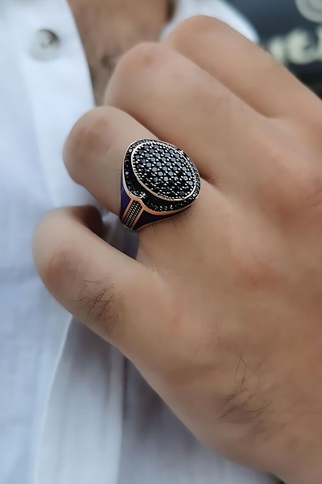 14 AYAR İTALYAN MODEL KENARLARI LACİVERT MİNELİ OVAL MODEL SİYAH TAŞLI ROSE ALTIN ERKEK YÜZÜK 25