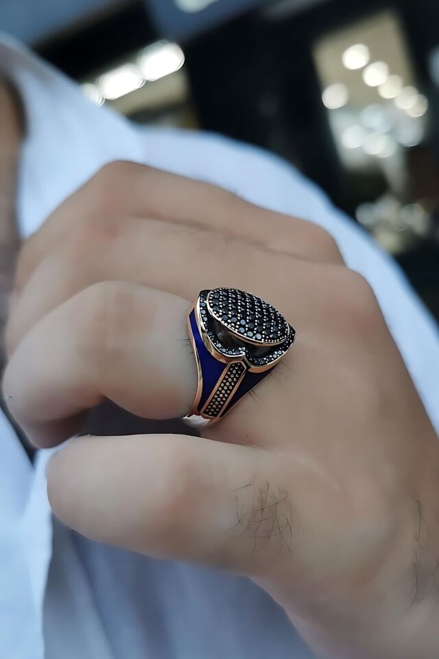 14 AYAR İTALYAN MODEL KENARLARI LACİVERT MİNELİ OVAL MODEL SİYAH TAŞLI ROSE ALTIN ERKEK YÜZÜK 23