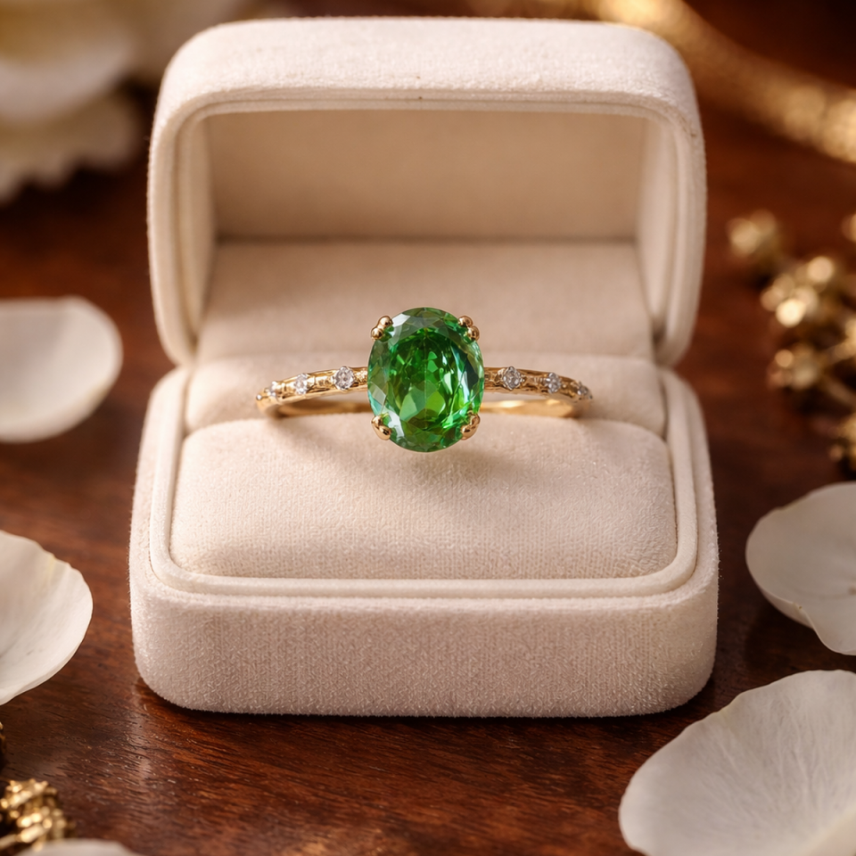 14 AYAR KRİSTAL YEŞİL TAŞLI VİNTAGE MİNİMAL ALTIN YÜZÜK