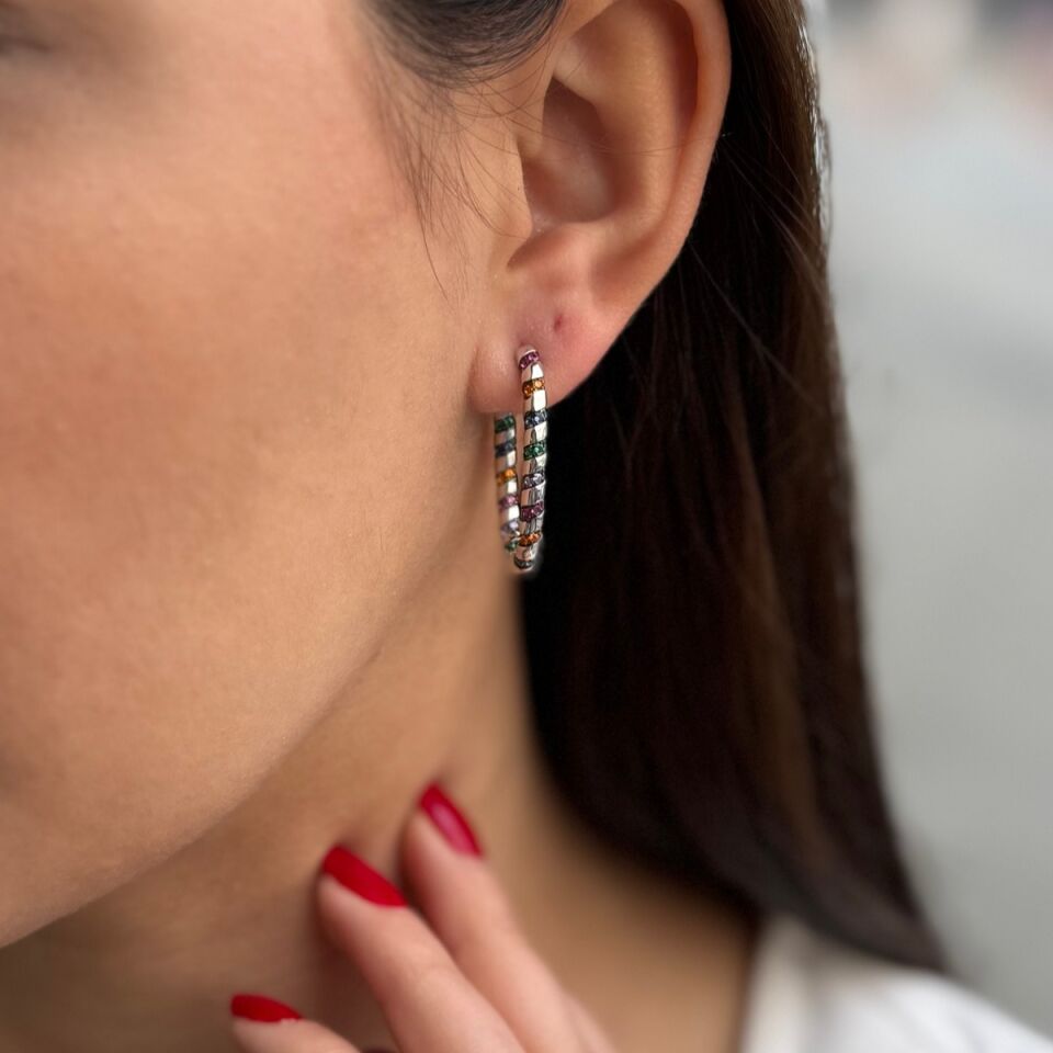 925 AYAR İTALYAN GÜMÜŞ ÖZEL TASARIM TAŞLI OVAL HALKA KÜPE