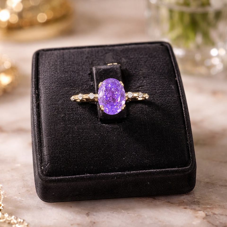 14 AYAR KRİSTAL AMETİST TAŞLI VİNTAGE MİNİMAL ALTIN YÜZÜK