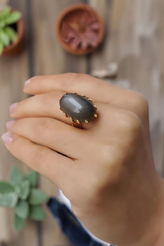 14 Ayar Duman Grisi Aytaşı Doğal Taşlı Altın Yüzük 18