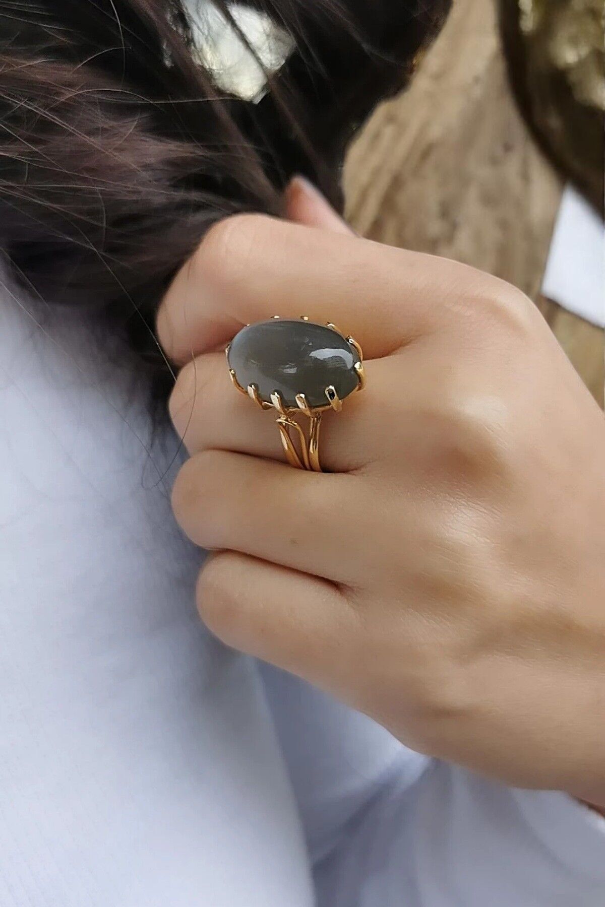 14 Ayar Duman Grisi Aytaşı Doğal Taşlı Altın Yüzük 19