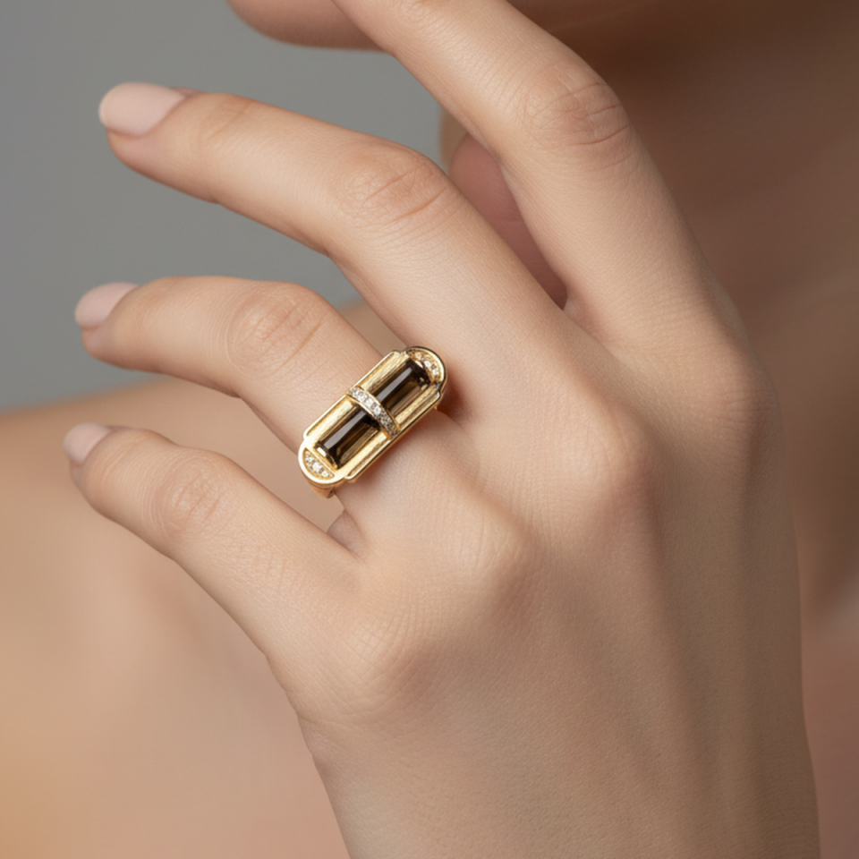 14 AYAR SMOKY AGAT TAŞLI İTALYAN ÖZEL TASARIM ALTIN YÜZÜK