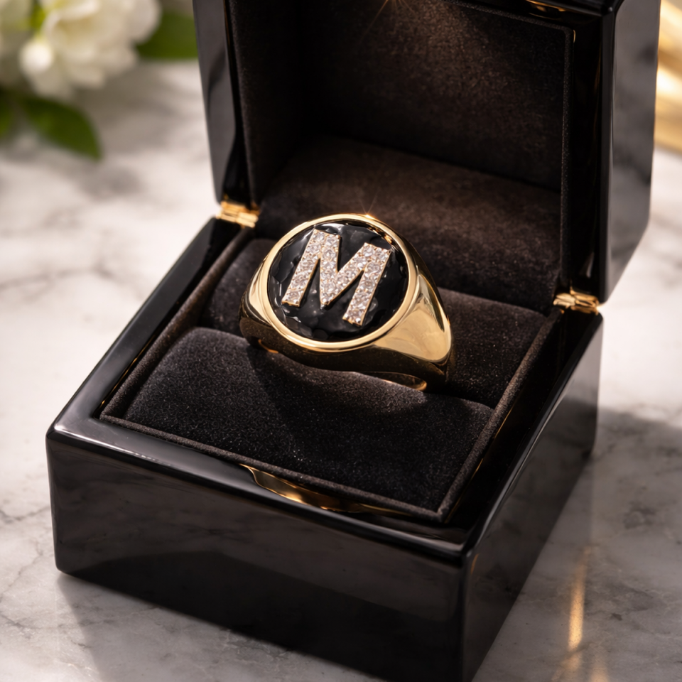 14 AYAR ÖZEL TASARIM SİYAH MİNELİ M HARFİ PIRLANTA TAŞLI ŞÖVALYE ALTIN YÜZÜK